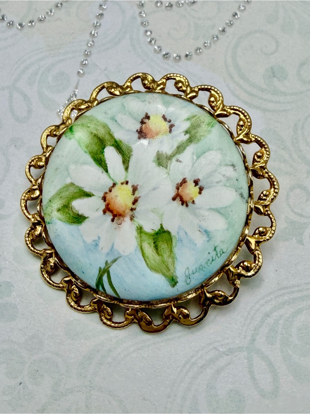Vintage Hand-Painted Floral Porcelain Brooch #cz556